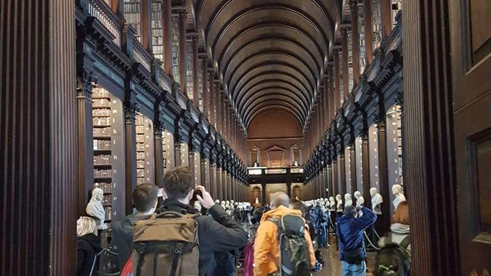 The Long Room at Trinity College Dublin, its barrel-vaulted ceiling above shelves of old books